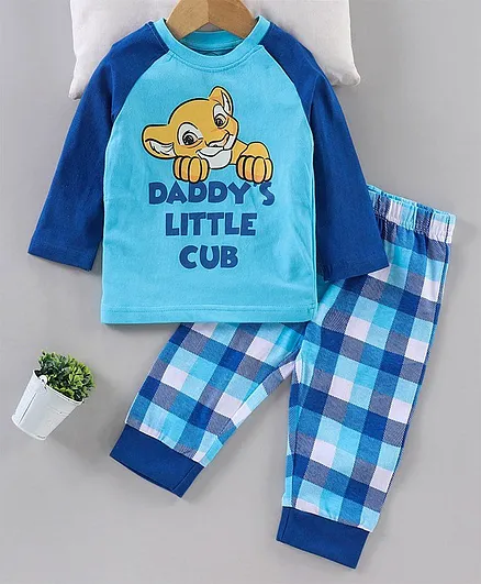 Babyhug Full Sleeves Checked  Night Suit Cub Print - Blue