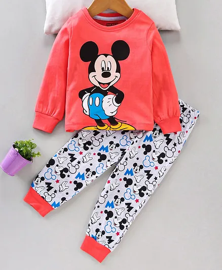 Babyhug Disney Full Sleeves Night Suit Mickey Mouse Print - Red Grey