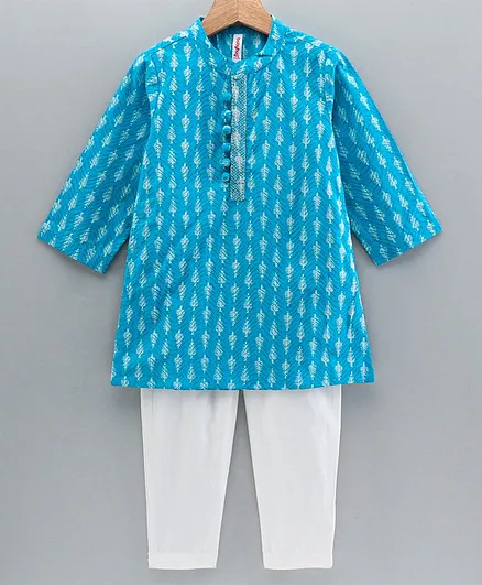 Babyhug Full Sleeves Printed Kurta & Pyjama - Aqua Blue White