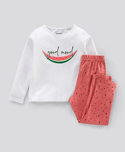 Primo Gino 100% Cotton Full Sleeves T-shirt & Pyjama Set Watermelon Print - White Coral Pink