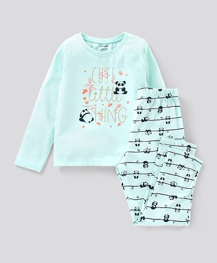 Primo Gino 100% Cotton Full Sleeves T-Shirt & Pyjama Set Panda Print - Aqua Blue