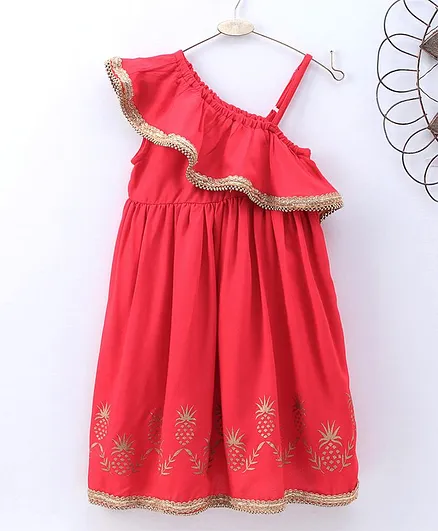 Babyhug Sleeveless One Shoulder Ethnic Dress Floral Print - Red