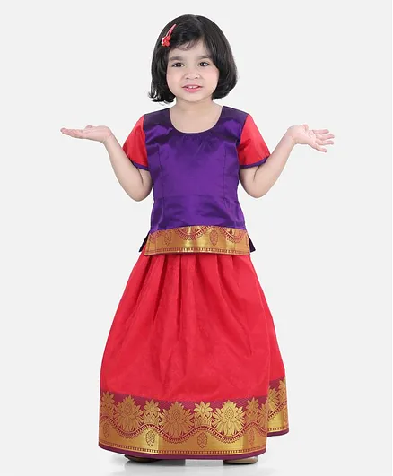 Buy BownBee Half Sleeves Self Design Pattu Pavadai Choli And Lehenga -  Purple And Red for Girls (12-24 Months) Online in India, Shop at   - 10506004