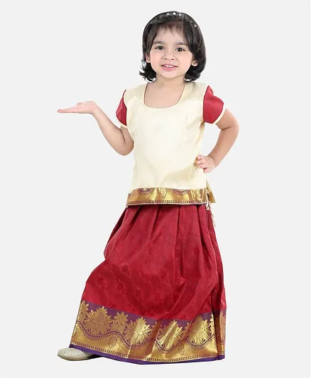 Buy BownBee Half Sleeves Self Design Pattu Pavadai Choli And Lehenga -  Cream And Maroon for Girls (6-12 Months) Online in India, Shop at   - 10506027