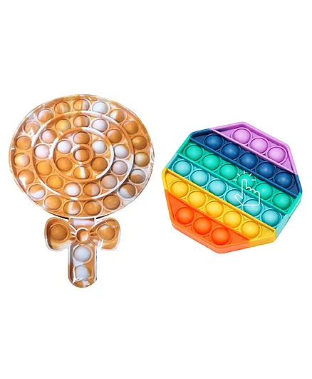 Enorme Big Candy & Hexagon Shape Pop Bubble Sensory Stress Relieving Silicone Pop It Fidget Toy Pack of 2 - Multicolour