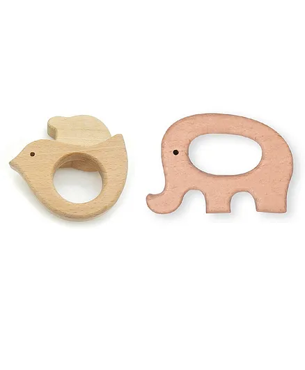 Enorme Organic Non Toxic Wooden Teethers Bird & Elephant Pack of 2 - Brown 