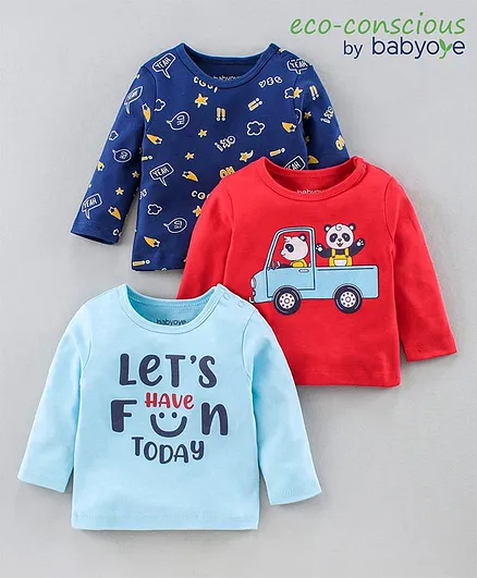 Babyoye 100% Cotton Full Sleeves T-Shirts with Eco-Jiva Finish Multi Print Pack of 3 - Blue Red