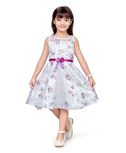 Doodle Girls Clothing Floral Sleeveless Floral Print Dress - Grey & Purple