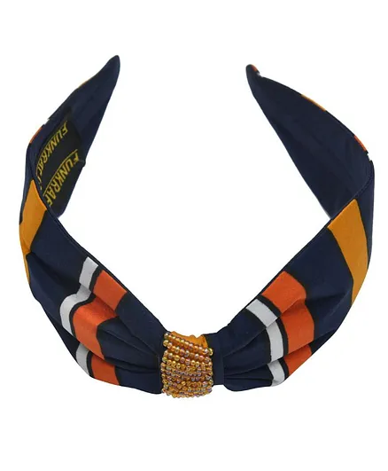 Funkrafts Stripes Print And Beads Embroidery Knotted Headband - Blue