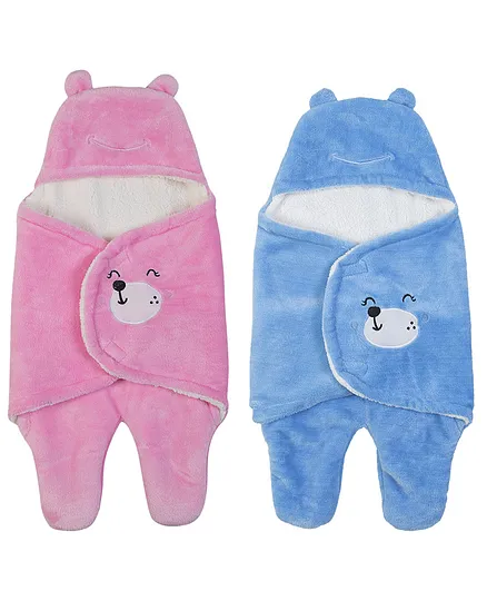 Babyzone Soft Fabric Winter Wear Embroidered Wearable Blankets Pack of 2- Pink and Blue
