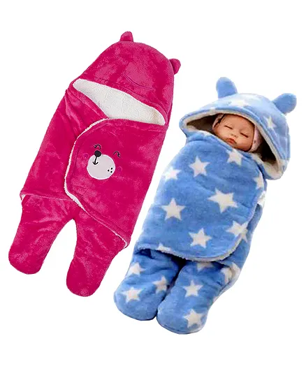 Babyzone Soft Fabric Winter Wear Embroidered Printed Wearable Blankets Pack of 2 - Pink and Blue 