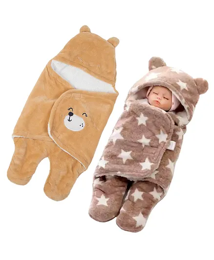 Babyzone Soft Fabric Winter Wear Embroidered Printed Wearable Blankets Pack of 2 - Brown