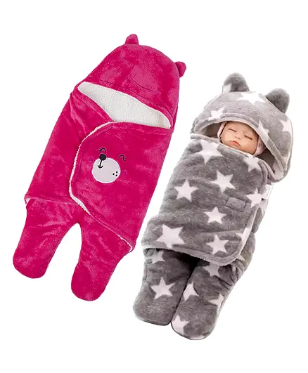Babyzone Soft Fabric Winter Wear Embroidered Printed Wearable Blankets Pack of 2 - Pink and Grey