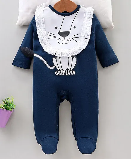 Babyhug Full Sleeves Sleep Suit Lion Print - Blue