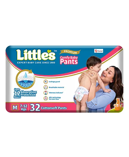 Little's Comfy Baby Pants Diapers Medium Size with Wetness Indicator and 12 hours Absorption, M (32 count)