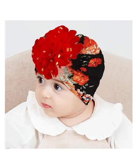 SYGA Cotton Floral Baby Beanie Cap With Big Bow Red Black - Diameter 18 cm