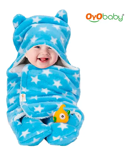 OYO BABY 3-in-1 Fleece Hooded Baby Blanket Wrapper -Pack of 1 (Baby Blue Star Printed) | All Season | 0-6 Months | Sleeping Bag | Great Gift | Bath Towel | Multipurpose Comforter