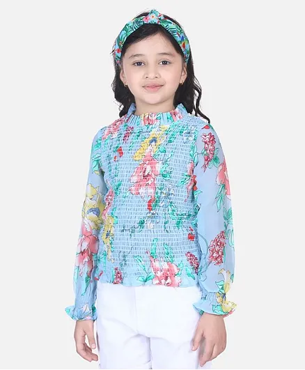 Lilpicks Couture Full Sleeves Floral Print Smocking Detailing Top - Blue