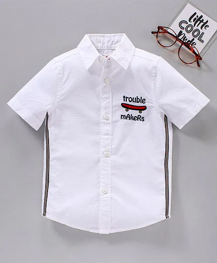 Under Fourteen Only Half Sleeves Trouble Maker Embroidered Shirt - White
