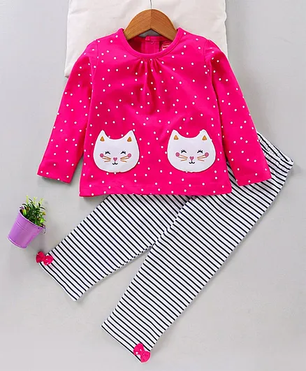 Babyhug Full Sleeves Night Suit Kitty Embroidery - Fuchsia White