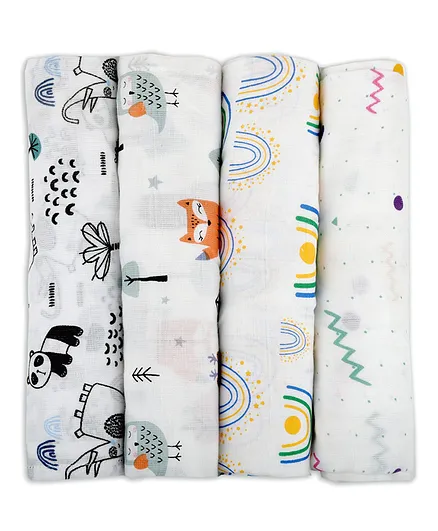 LazyToddler Organic Cotton Muslin Swaddle Printed Pack of 4 - White