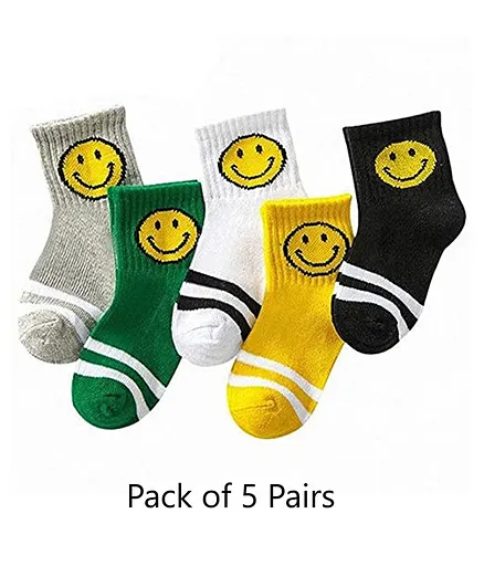 MOMISY Cotton Ankle Socks Medium Smile Face Design Pack Of 5 Pairs  - Multicolour