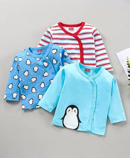 Babyhug 100% Cotton Full Sleeves Vests Penguin Print Pack of 3 - Aqua & Sky Blue White