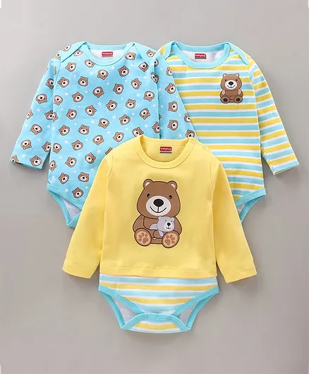 Babyhug 100% Cotton Full Sleeves Striped Onesies Bear Print Pack of 3 - Blue Yellow