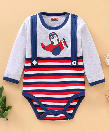 Babyhug Cotton Full Sleeves Onesie Stripes & Penguin Print - Multicolor
