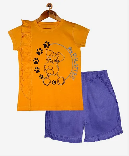 Kiddopanti Half Sleeves Frill Detailing Pawsitive Text Print Tee And Solid Shorts Set - Yellow And Purple