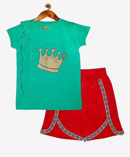 Kiddopanti Half Sleeves Frill Detailing Crown Print Tee And Taped Hem Shorts Set - Sea Green And Red