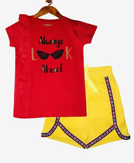 Kiddopanti Half Sleeves Frill Detailing Look Ahead Text Print Tee And Taped Hem Shorts Set - Red And Yellow