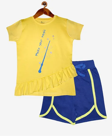 Kiddopanti Half Sleeves Frill Detailing Magic Text Print Tee And Taped Hem Shorts Set - Yellow And Royal Blue