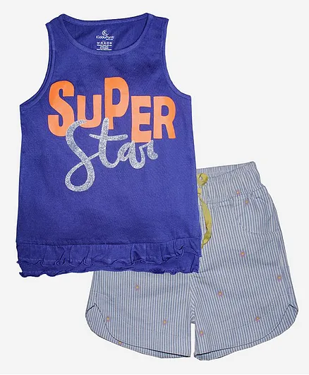 Kiddopanti Sleeveless Frill Detailing Super Star Text Print Tee And Stripes And Daisy Print Hot Shorts Set - Blue And White