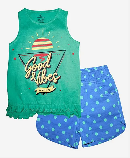 Kiddopanti Sleeveless Frill Detailing Good Vibes Text Print Tee And Polka Dot Print Hot Shorts Set - Aqua Green And Royal Blue