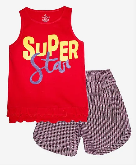 Kiddopanti Sleeveless Frill Detailing Super Star Text Print Tee And Stripes And Polka Dot Hot Shorts Set - Red And Maroon