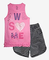 Kiddopanti Sleeveless Frill Detailing Awesome Text Print Tee And Checks Print Hot Shorts Set - Baby Pink And Black