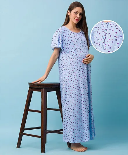 Bella Mama Half Sleeves Cotton Maternity and Nursing Nighty Floral Print  - Blue