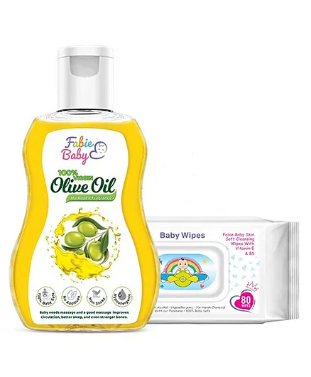 Fabie Baby Wipes & Virgin Olive Oil Combo -  80 Pieces, 200 ml
