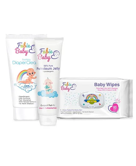 Fabie Baby Wipes Petroleum Jelly And Diaper Cream Pack of 3 - 80 Pieces 200 ml 75 ml