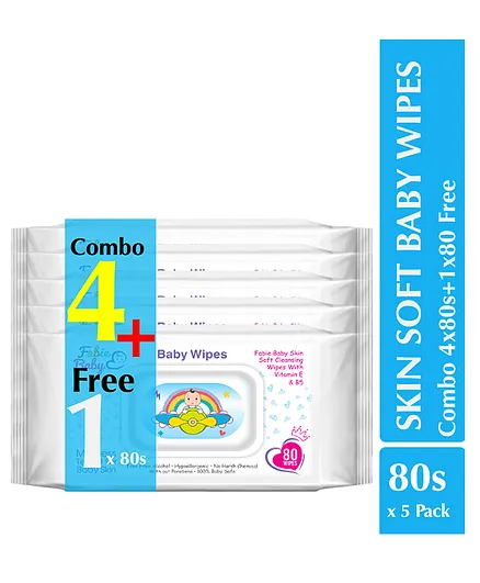 Fabie Baby SkinSoft Baby Cleansing Wipes Pack of 4 With One Pack Free - 80 Pieces Each