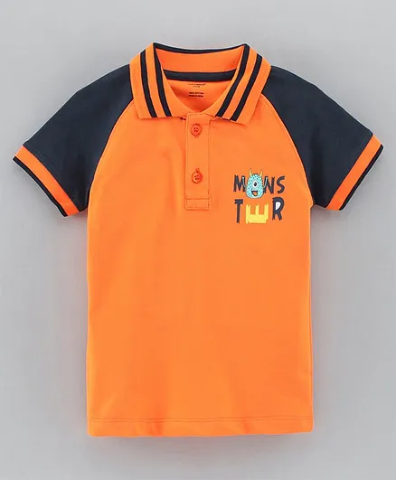 CUCUMBER Half Sleeves Polo T-Shirt Text Print - Navy Blue Orange