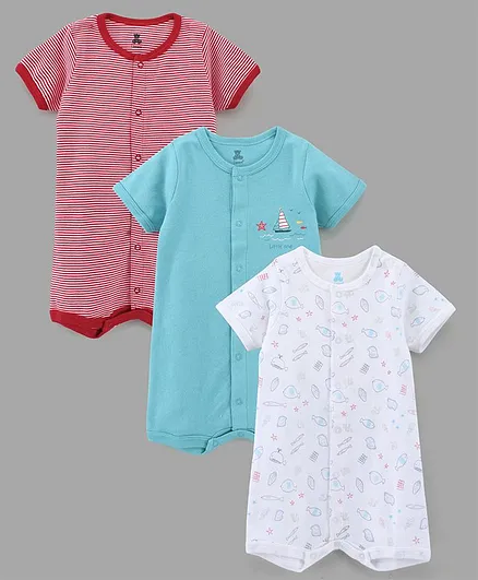 I Bears Half Sleeves Striped Rompers Fish Print Pack of 3 - White Blue Red