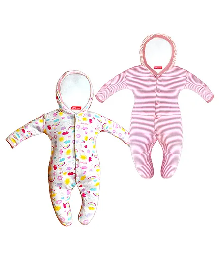 VParents Zoey Hooded Footed Rompers Pack of 2 - Light Pink(Design May Vary)