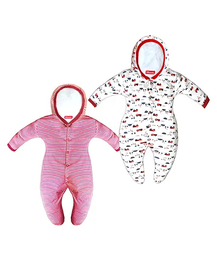 VParents Zoey Hooded Footed Rompers Pack of 2 - Red(Design May Vary)