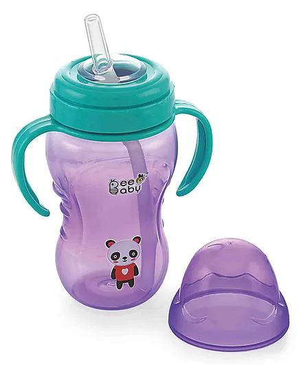 BeeBaby No Spill Flex Straw Sippy Cup With Handle Panda Print Purple Blue - 240 ML