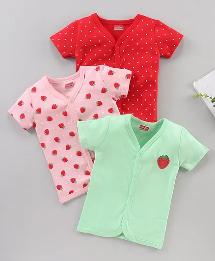 Babyhug Half Sleeves 100% Cotton Vests Dot And Strawberry Print Pack Of 3 - Red Pink Green