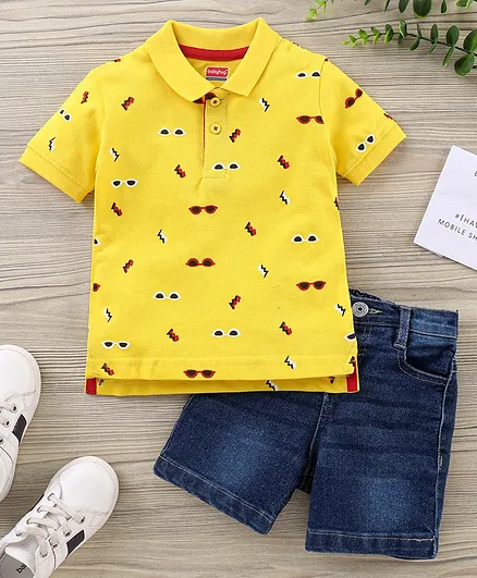 Babyhug Half Sleeves T-Shirt & Denim Shorts Goggle Print - Yellow