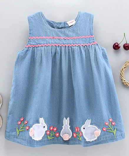 Babyhug 100% Cotton Sleeveless Frock Bunny Embroidery - Blue