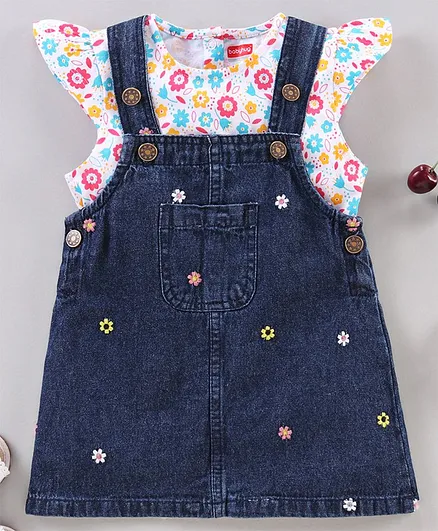 Babyhug Short Sleeves Top with Denim Frock Floral Print & Embroidery - Blue